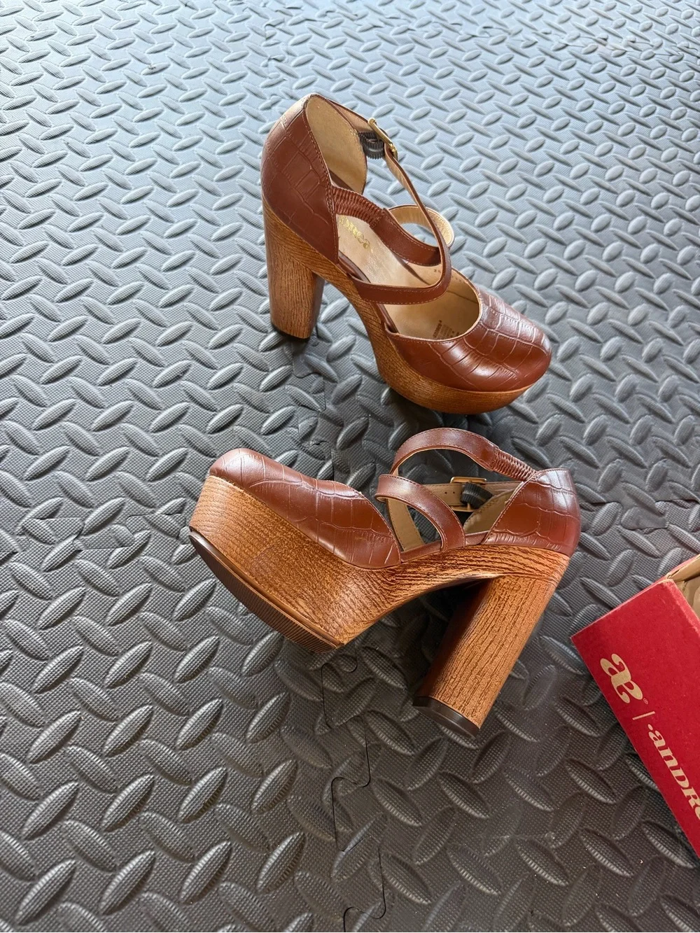 Andrea - Cognac Brown Croc-Embossed Platform Wedge Sandals